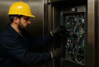 Técnico especializado realizando mantenimiento preventivo en elevador, asegurando funcionamiento
