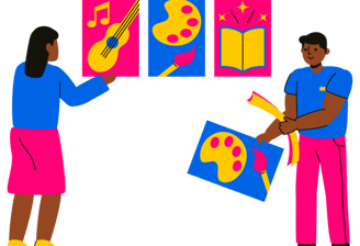 Grafik på en POC kvinna och man som sätter upp färgglada bilder på musik, målning och böcker