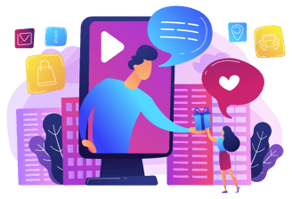 Grafik i lila och blått över en man och en kvinna som går in och ur digitala skärmar