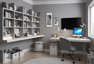 A modern interior space featuring a large abstract painting with shades of blue and white, mounted on a dark patterned wall. The painting is flanked by two elegant lamps with beige lampshades, emitting a warm light that softly illuminates the area. The background consists of decorative wall panels with an interlocking circular design.