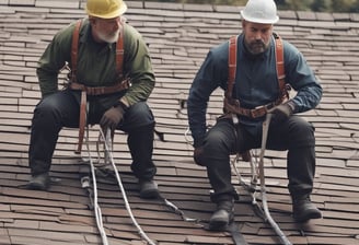 Workers wearing safety harnesses and yellow helmets are performing maintenance on a large corrugated metal roof. They are using equipment attached to ropes secured on the roof.