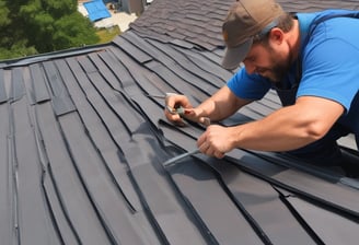 A person wearing a wide-brimmed straw hat is working on repairing or inspecting a roof made up of traditional grey tiles. The roof tiles are arranged in an overlapping pattern and show various shades of grey, with patches of moss or discoloration.
