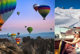 Ilustração de 3 passeios: Balão, squi e citity tour