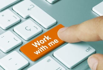 image of white keyboard with orange button work with me