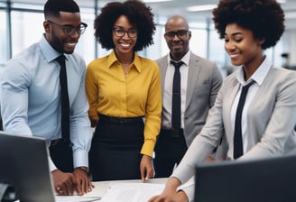 People are working on laptops at a modern office setup. The environment appears collaborative and tech-focused, with laptops, notebooks, and a bright, colorful interior featuring orange and green tones.