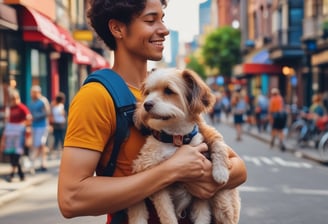 A person carrying a dog on their back, walking alongside a wall with dark stone patterns. There is visible graffiti and a sign on the wall indicating photocopying services and form-filling.