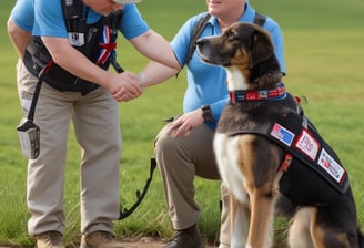 A person wearing a uniform with tactical gear is securely holding a brown K-9 dog on a leash. The setting appears to be a dock or pier with metal railings and water in the background. The dog is wearing a collar labeled 'USCG K-9' and seems calm and attentive.