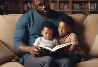 Five young children appear to be reading from various colorful books with illustrations on the covers. The children are seated closely together, engrossed in their books. Each child has distinct hair color and expression, contributing to a playful and whimsical atmosphere.