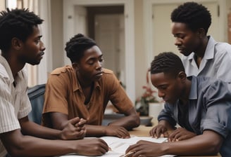 A group of people gathered around a table, where a person in the center seems to be receiving comfort or support. The atmosphere appears intimate and focused, with individuals displaying attentive body language.