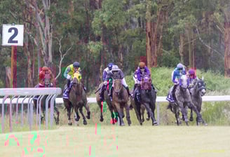 Horses racing around the home turn at Nanango Racetrack