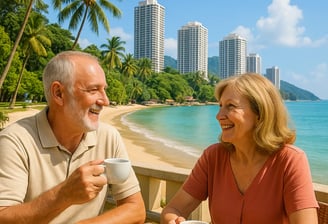 Retired couple enjoying coffee on a sunny beachside terrace in Malaysia
