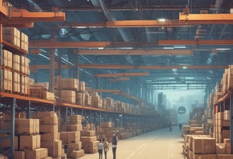 Inside a spacious industrial warehouse, a dumpster filled with discarded metal objects like chairs and other scrap is visible in the foreground. A large industrial loader is parked further inside near a pile of miscellaneous debris, including cardboard and plastic. The area is well-lit with overhead windows in the high ceiling and a poster of a landscape is mounted on the wall.