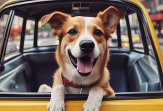 A small dog with fluffy fur is happily sitting inside a red wheeled cart, being pulled by a person carrying a black leather bag. The scene takes place on a sunny street, with the dog looking excited and playful.