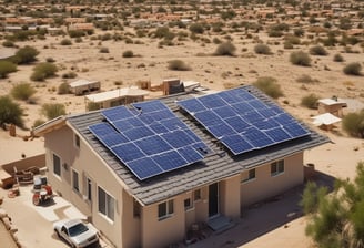 Two people are installing a large solar panel on a rooftop in an urban area with numerous buildings and a water tower in the background. The scene suggests an effort to set up renewable energy resources.