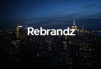 a city skyline with the words rebrand and the words rebrand