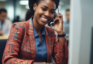 A person with a headscarf is on the phone at a desk. The workspace includes a laptop with a blue screen, a pink bottle, a cardboard box, and a packet of snacks. The person is facing away, focusing on the phone call.