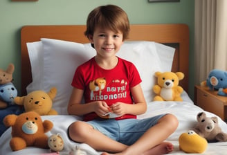 A young child wearing a diaper is sitting on a bed with their back facing the camera. Surrounding the child are several plush toys, including a large blue elephant, a brown teddy bear, a doll wearing a purple hat, and a small gray elephant. The setting appears to be a cozy bedroom with soft lighting and a crib visible in the background.