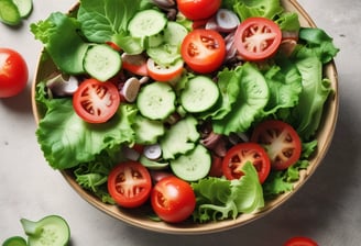 A table is set with several dishes containing a variety of healthy foods. There are bowls filled with colorful salads, vegetables like broccoli and peas, grains topped with vegetables, and glasses of infused water garnished with strawberry slices. A fork and knife are placed on the table, suggesting a meal ready to be enjoyed.