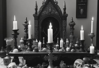 The image features a dimly lit room with a mysterious ambiance. A Ouija board is on a plush carpet, surrounded by three lit candles that provide a soft, warm glow. In the background, hanging beads create a partition between spaces, while various objects and clothing create an informal and slightly cluttered atmosphere.