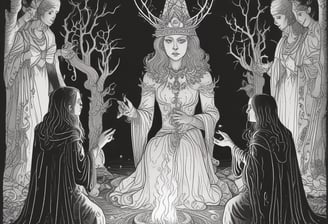 A mysterious figure cloaked in dark fabric reaches towards an old, open book with one hand. The book appears to be burning, with flames emanating from its pages. Strange symbols glow on the figure's forehead, and the lighting casts an eerie, otherworldly glow.