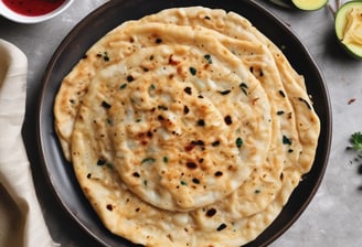 A large round chapati or flatbread is placed on a plate, garnished with two green chilies and some cilantro leaves. Surrounding the plate are small bowls containing various ingredients, including spices and sliced cucumbers. The entire arrangement is set on a soft, textured fabric.