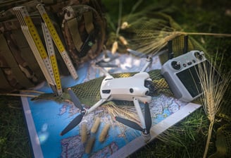 Drone, controller, landkaart en meetgereedschap liggen klaar op gras voor terreinverkenning en luchtinspectie