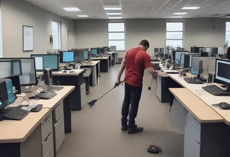 A person wearing protective gear including goggles, a face mask, and yellow rubber gloves is cleaning a window with a sponge in a well-lit room.