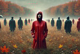 A stand-out leader in a red coat facing away from the crowd