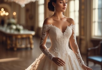 a woman in a wedding dress with a long sleeved dress