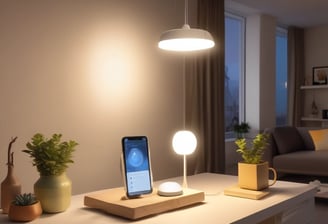 A sleek smartphone with a metallic finish stands upright on a table alongside a modern smartwatch, wireless earbuds, and a glowing antique-style bulb. The scene is set against a dark background, emphasizing the shiny surfaces and elegant technology.