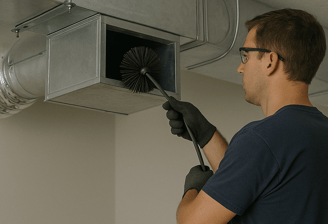 a man in gloves and gloves is holding a brush