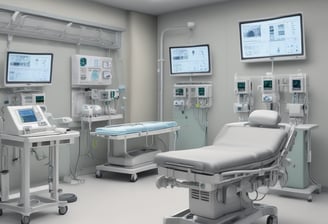 Medical equipment is neatly mounted on a white wall, including an otoscope, an ophthalmoscope, a sphygmomanometer, and a thermometer. The layout suggests a clinical setting likely intended for patient examination.