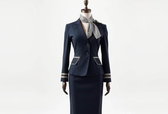 Traje de azafata azul marino con motivos grises, puesto en un maniquí con fondo blanco