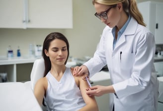 A beauty technician carefully performs a skincare procedure on a woman, who is lying down with her hair pulled back and face covered in a transparent mask. The technician is wearing gloves and holding a precision tool, working under a bright ring light.