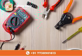 Electrical repair tools on a wooden surface with "Future Easy Repair Services" branding.