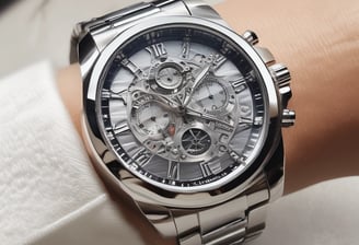A luxury wristwatch with a metallic strap and a deep blue bezel. The watch face features clear hour markers and minute indices, with the brand name visible on the dial. The lighting emphasizes the sleek design and shiny surfaces.
