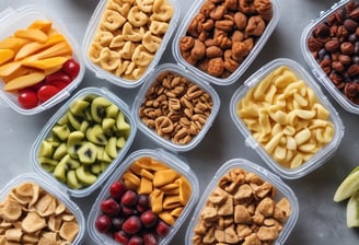 A selection of three colorful trays is filled with a variety of healthy snacks, including orange slices, nuts, seeds, and a measuring tape is artfully draped across them, suggesting themes of dieting or nutrition.