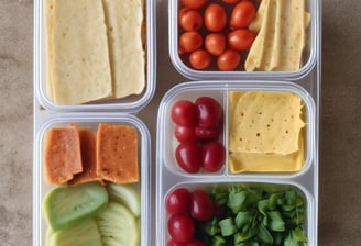 An assortment of meal prep containers with a variety of foods including grilled chicken with a lemon slice, zucchini noodles, and a dish with sauce over greens. Surrounding these are ingredients like fresh Swiss chard, a red onion, eggs in a carton, garlic cloves, and a small bowl of olive oil with a sprig of rosemary.