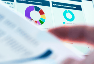 Close-up of portfolio insights with a colorful pie chart and investment details on a laptop screen.