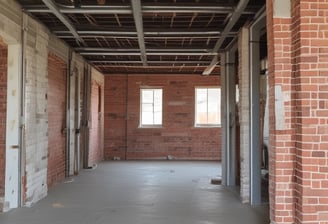 A construction site with a large, metallic building featuring the CSCEC logo and Chinese characters on it. Surrounding the building are tall apartment complexes in the background. Signs are visible, including one indicating an exit with English and Chinese text, and several informational signs in Chinese.