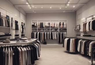 A well-organized clothing store with displays of neatly stacked shirts in various colors, mainly white, blue, and beige. Mannequins dressed in formal attire are placed around the store. Shelves are stocked with boxes and additional clothing items. Overhead lighting creates a warm atmosphere, and signs displaying prices are visible throughout the store.