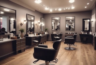 A is getting their hair styled in a modern salon. The stylist, wearing a striped dress, is focusing on the client's hair while using a comb. Mirrors in the background reflect the interior, containing shelves with various hair products and a decorative plant. The overall setting is clean and well-lit, with multiple light sources providing a bright and inviting atmosphere.