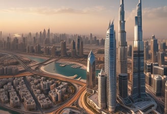 A cityscape with a real estate sign in the foreground, prominently displaying the name and phone number. Surrounding the sign are various buildings with different architectural styles, some with scaffolding and green netting. The scene features a mix of older, worn structures alongside modern glass-fronted buildings. Power lines and construction materials add to the urban complexity.