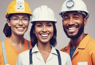 Four workers are engaged in an industrial setting, possibly an oil rig or construction site. They are wearing protective clothing and helmets, surrounded by heavy machinery and equipment. The environment suggests manual labor and teamwork.