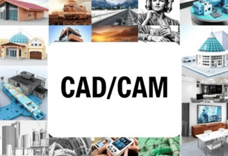 "CAD/CAM collage showing design and engineering applications in various industries."