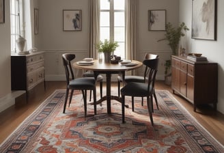 A richly textured, ornate rug with a complex pattern is draped over a decorative chair with a gold-toned frame and an oval white backrest. The rug displays a mix of blue, red, and beige colors with an intricate design. The setting is dimly lit, creating a dramatic and elegant atmosphere.