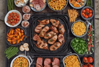 Two people are preparing a meal in a kitchen. There is a pot with dry spaghetti, a jar with herbs, and a bowl of greens on the counter. A package of multigrain crispbread is visible, along with a cutting board topped with crispbread, tomato sauce, cheese, and arugula. A bunch of tomatoes is placed in the foreground.