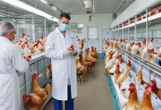Chickens are housed in a row of wooden cages, with some of them poking their heads out towards the camera. The setting appears to be a chicken farm or coop with a focus on egg production. A feeding trough filled with grain stretches along the length of the cages, and eggs can be seen below, placed on a track.