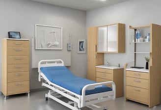A medical supply cart featuring an adjustable lamp, various medical containers, and supplies organized neatly. Items include pink kidney trays, a container with gloves, rolls of tape, gauze pads, a pair of scissors, and bottles of medical liquids. The cart also holds boxes labeled for gloves and other medical essentials.