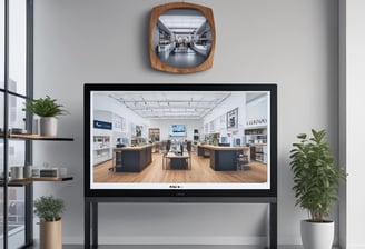 A modern retail space features minimalist design with display shelves along one wall holding neatly organized packages. A central table displays electronic devices on stands. Large windows allow natural light to brighten the space, where potted plants add a touch of greenery.